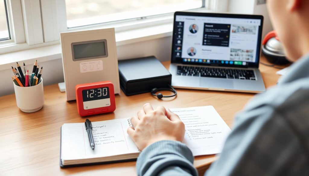 Bureau avec ordinateur et horloge